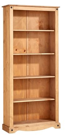 Home Source Corona Large Bookcase, 5 Tier Pine Book Shelves, Mexican Solid Wood Living Room Storage, Natural