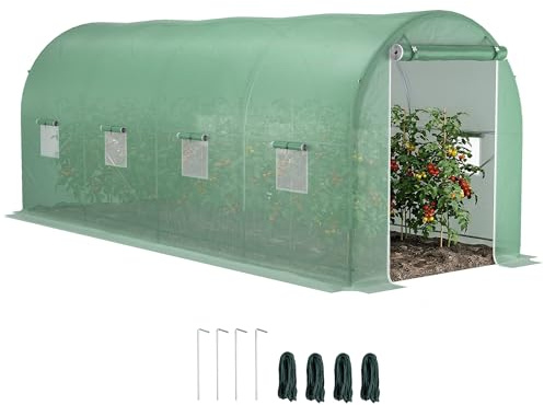Outsunny Serra per Orto a Tunnel con Porta Avvolgibile e 8 Finestre, Serra da Giardino con Copertura in PE e Struttura in Acciaio, 5x2x2m, Verde