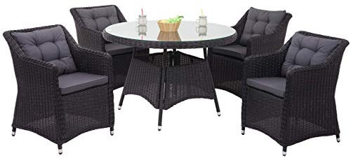 Mendler Poly-Rattan Garnitur HWC-F51, Garten-/Lounge-Set Sitzgruppe Tisch+4xStuhl, rundes Rattan anthrazit Kissen dunkelgrau