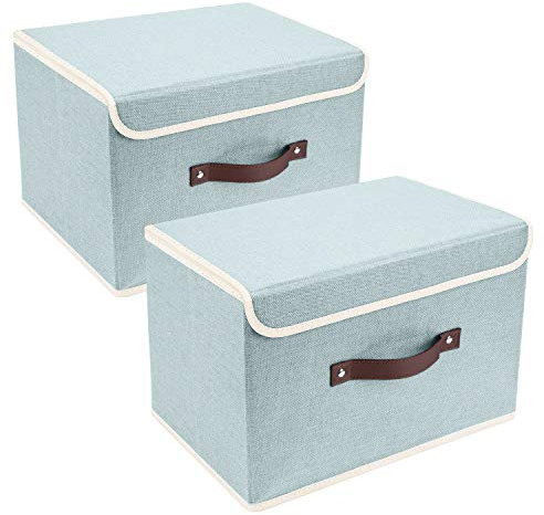 TYEERS Collapsible Storage Box with Lid, Fabric Storage Box for Clothes, Wardrobe Storage, 38x25x25 cm, Set of 2, Aqua Spring