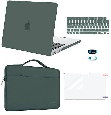 MOSISO Compatible avec MacBook Pro 14 2026-2021 M5 M4 M3 M2 M1 A3426 A3427 A3434 A3112 A3185 A3401 A2918 A2992 A2779 A2442,Coque&Sac&Housse Clavier&Protecteur D'écran&Couverture Webcam,Minuit Vert