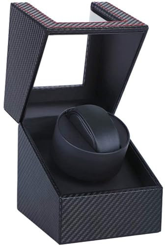 DRAIGERWAY Automatische Uhrenbeweger Box,luxuriöser Single Uhrenbeweger,Uhrengehäuse mit leisem Mabuchi Motor,Batteriebetrieb oder Netzteil PU Leder (Faser aus Kohlenstoff-DGW)