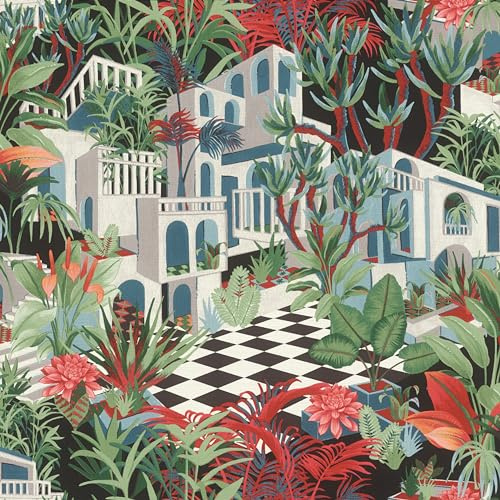 Rasch Tapet 687408 – färgglada fibertapeter med tropiskt motiv i grönt och rött – Kollektion: Tropical House – 10,05 m x 0,53 m (L x B):
