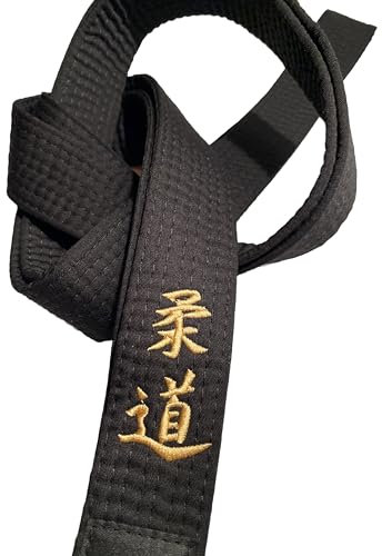 TEKKA BUDO Ceinture de judo noire - brodée - judo - 300 cm - caractères brodés or - sangle noire kanji japonais - ceinture noire