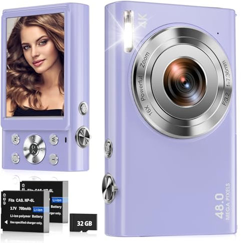 Digital Camera, 4K Autofocus Compact Camera with 32G SD Card HD 48MP with 2.8 Large Screen, 16X Digital Zoom, Portable Mini Camera for Photography, Vlogging Camera for Kids,Adult,Beginners（Purple）