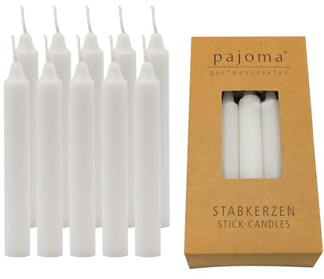 pajoma® Stabkerzen 10 Stück, Weiß - Hochwertige Stabkerzen | 10g Wachsgewicht, ca. 1 Std. Brenndauer, 95 x 13 mm | Premium Spizkerzen, Baumkerzen