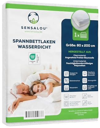 Sensalou Waterproof Fitted Sheet 80x200 cm – Leakproof Mattress Cover for Kids and Adults – Soft Cotton Topper With Quiet PU Layer – Washable At 95 °C – Breathable, Hypoallergenic Bed Protection