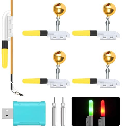 Aoreun Knicklichter Angeln, 4 Stück LED Bissanzeiger Angeln mit Schnalle, Angeln Alarm Glocke,Led Bissanzeiger Rutenspitze, Led Leuchtstäbe Angeln mit Ladegerät und Akku für das Nachtangeln im Freien