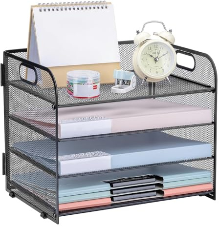HEKOBAG 4 Tier Paper Organizer with Handle, Letter Tray Organizer Pull-out Mesh File Storage Rack for A4 Office Supplies
