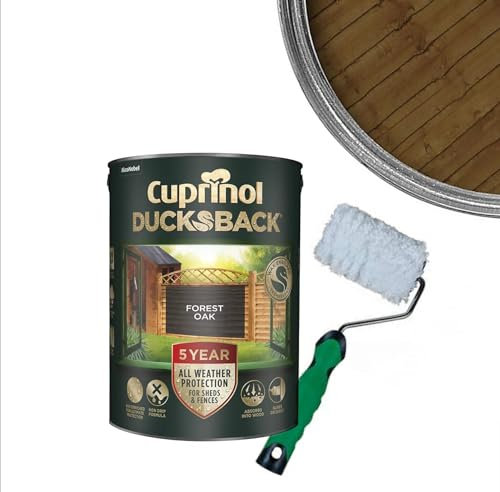 Cuprinol Ducksback- Silver Copse : Shed & Fence Paint 5 Litre| Non Drip, Water Repellent and Frost Defence. Protection for 5 Years. Includes 4 Shed,Fence and Decking Roller (Forest Oak)