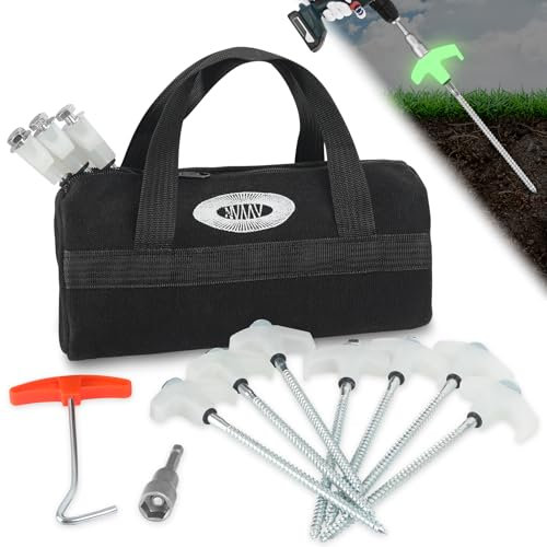 NVAAV 10 Pcs 8 Heavy Duty Drill Tent Stakes with Storage Bag, Glow-in-The-Dark Ground Anchor Peg, Metal Threaded Screw-in Tent Stake for Camping Swing Canopies with 1 Hex Nut Driver, Peg Puller
