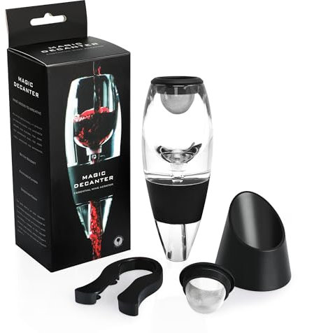 AUROAY Aerador y Decantador de Vino con 2x Filtros de Malla de Acero Inoxidable + 1x Cortador de Papel con Soporte, Jarra Decantadora para Vino Tinto, Accesorios para Vino Tinto, Negro