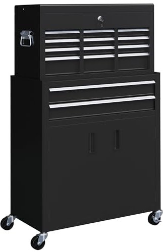 HOMCOM Tool Chest, Metal Tool Cabinet on Wheels with 6 Drawers, Pegboard, Top Chest and Roller Cabinet Combo, 61.6 x 33 x 108cm, Black