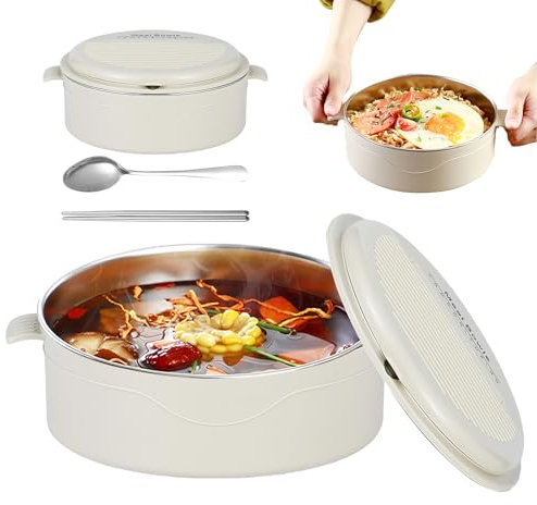 SUNOYA Ramen Cuenco con tapa, cuenco de ramen instantáneo, cuenco de acero inoxidable, 1500 ml, con cuchara y palillos, para pasta, Bento, almuerzo