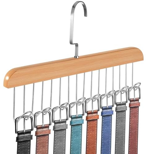 Belt Hanger for Closet,Wooden Belt Organizer with 8 Hooks Max 24 Belts,Bra Hanger Scarf Organizer Tie Rack 360 Degree Rotating Multifunctional Rack for Belt Tie Bra Scarf Tank Top Accessories