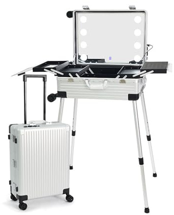 Professional Cosmetic Case with 8LED Lights, Telescopic Stand, Universal Wheel Cosmetic Case, TSA Code Lock Traveling Cart (Silver 24INCH)