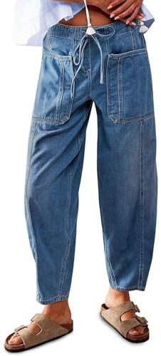 yoeasy Jeans de talle bajo para mujer, con cordón elástico, holgados, pierna ancha, recortados, pantalones de mezclilla holgados Y2k, Azul claro, Medium