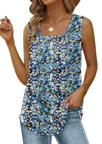 Cuptacc Top Donna Eleganti Scollo Quadrato Senza Maniche Racer Back Fashion Blusa Donna Traspirante Estivi Casual Thin Straps Morbido Maglie Donna Fiori Neri, Blu E Rosa Piccolo S 36-38