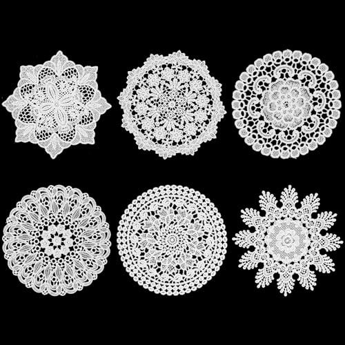 Ouligay 6 Stück Kleine Spitzendeckchen Vintage Klein Rund Häkeln Tischläufer Klein HäKeldeckchen Deckchen Weiß Spitze Gestrickte Untersetzer Doilies für Hochzeiten Geburtstagsfeier Geschirrdekoration
