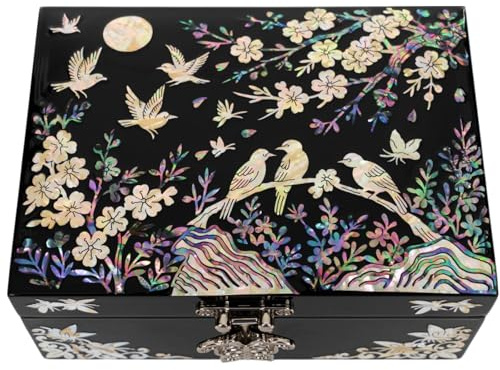 February Mountain Schmuckschatulle mit Perlmutt-Motiv, Geschenke für Frauen, Geburtstag, Hochzeit, Muttertag, Weihnachten, Abschlussfeier (Birds & Blossoms)