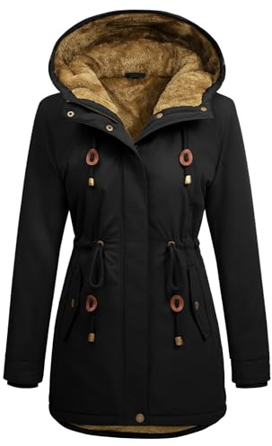 Vancavoo Abrigo Mujer Invierno Chaqueta de Forro Polar Parka de Capucha Cálido Largo Jacket on Cremallera Abrigos Resistente al Viento,Negro,S