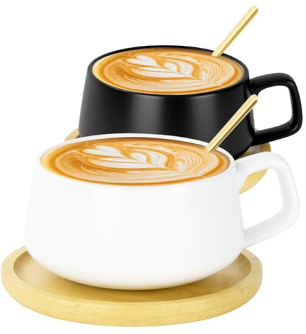 AOOTE Juego de Taza y Platillo, 2 Pcs 320ML Tazas de Capuchino de Ceramica, Tazas de Cafe Espresso Porcelana con Plato con Posavasos de Madera y Cuchara, Tazas de Café para Moca, Té, Latte, Desayuno