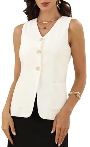 Allegra K Chaleco de Lino y Algodón para Mujer Chaqueta de Verano sin Mangas con Botones y Cuello en V Blanco Crema L