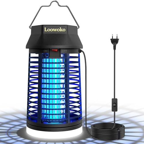 Loowoko Elektrisk insektsbekämpare med 3 m förlängningskabel 4 200 V mygglampa med LED-ljus, vattentät flugfälla, elektrisk myggdödare, mygglampa för inomhus, utomhus, hem, uteplats