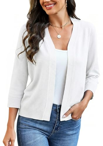 GraceSelect Shrugs for Women, Lightweight 3/4 Sleeve Cropped Cardigans, Open Front Sweater Tops 2026 Trendy White