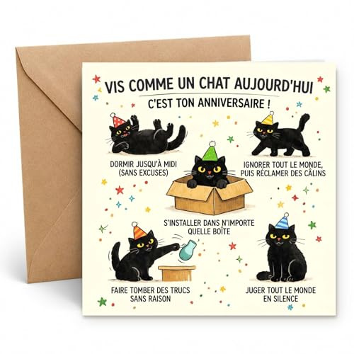 Edition Seidel Premium Carte d'anniversaire carrée avec enveloppe. Carte de vœux française Joyeux Anniversaire pour Hommes Femmes Amis Amies chat drôle (GQ821 SW026)