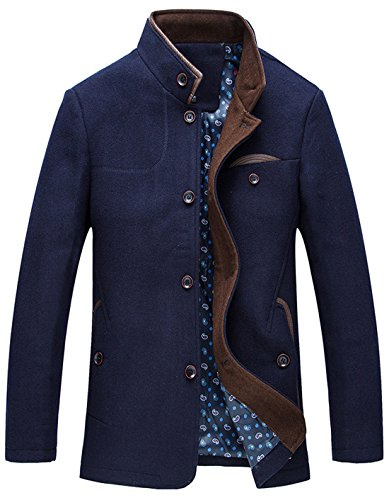chouyatou Men's Gentle Band Collar Single Breasted Wool Blend Pea Coat (NavyBlue, Small)