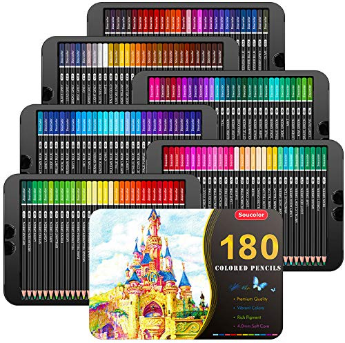 Soucolor 180-Color Artist Colored Pencils Set for Adult Coloring Books, Soft Core, Professional Numbered Art Drawing Pencils with Gift Tin Box for Sketching Shading Blending Crafting