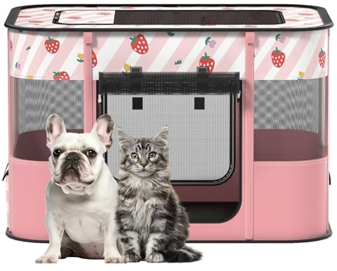 Dog and CAT pop Play Pen,Pets Houses for Dogs and Cats,Indoor&Outdoor Exercise Pen Dog Tent Puppy Playground Large (L, Pink)