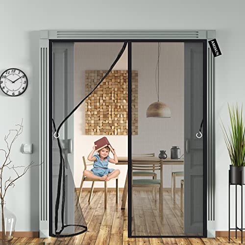 moustiquaire porte coulissante 240 x 210 cm Rideau Anti Mouche Fermeture Automatique moustiquaire porte fenetre sans Percer Facile à Installer pour Cuisine/Salon/Chambre - Noir