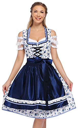 KOJOOIN Trachtenkleid Damen Dirndl Kurz mit Stickerei Exklusives Designer für Oktoberfest - DREI Teilig: Kleid, Bluse, Schürze Navy Dunkelblau Blumen 38