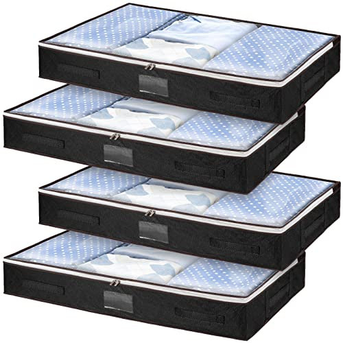 wsryx 4 Pack Under Bed Storage Box With Lid, Large Under The Bed Clothes Bags Organiser Boxes Containers Bins with Zips for Duvet Blankets Bedding Comforter (Black)