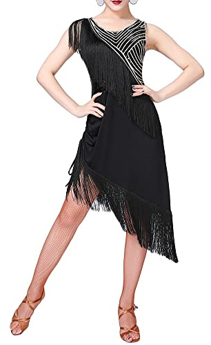 DAIHAN Vestido Baile Latino Mujer Vestido Latino Vestido Tango Vestido Rumba Vestido Flecos de Danza Fiesta Carnaval,Negro,L