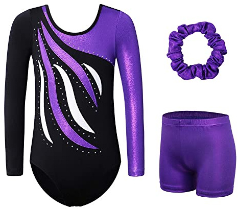 XFGIRLS Justaucorps de gymnastique à manches longues pour filles de 3 à 16 ans – Justaucorps de danse scintillant sans manches pour filles de 3 à 16 ans | Manches longues et sans manches | Motif imprimé 3D scintillant | Ne remonte pas et reste en place | Respirant et extensible