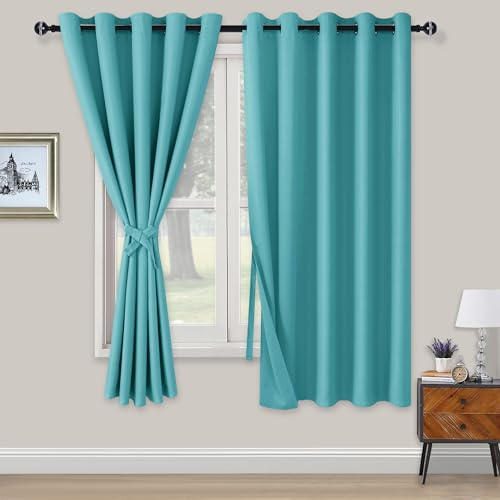 XWZO Blackout Curtains Shades Window Curtain Panels with Tiebacks- Noise Reduction and Thermal Insulated Eyelet Curtains for Bedroom,Living Room,Office,Study Room Turquoise W66xL72
