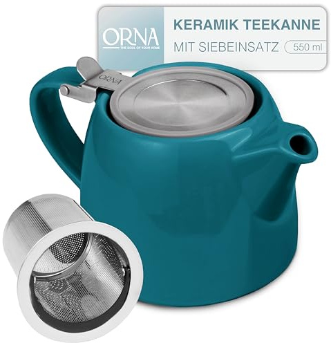 ORNA Keramik Teekanne mit Siebeinsatz 550 ml – Kleine Teekanne für losen Tee – 0.5L Teapot mit Teesieb für 2 Tassen – Stumpf Teekannen mit Filter (Ocean)