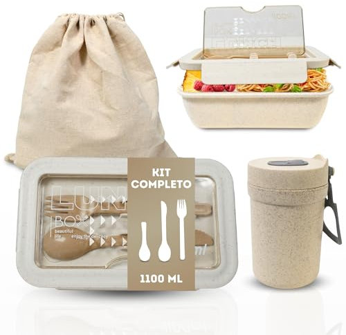 Fiambrera comida trabajo, Lunch Box, Bento Box Fiambrera 1100ML con 2 Compartimentos Y Cubiertos, Libre de BPA, Para microondas y lavavajillas, Vaso antifugas y bolsa de trasporte,set ecofrienly