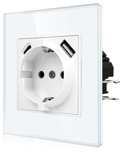 CNBINGO Enchufe individual USB con abrazadera de enchufe, enchufe Schuko de cristal empotrado con USB – 1 × (tipo C y USB-A 2,1 Amp) – blanco enchufe de pared
