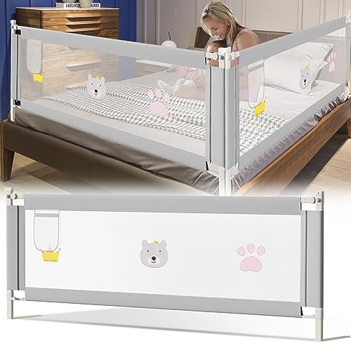 Ansobea Barrera de Cama para bebé 200cm, Barandilla de Cuna Plegable, Rejilla de Cuna Segura con protección contra caídas, Barrera Cama para niños, Acabado Gris Bordado