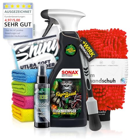 Felgenpflege Set: SONAX FelgenBeast SonderEdition (500ml) Premium Felgenreiniger + Ceramic Quick Detailer + Zubehör - Für eine schonende & gründliche Reinigung für Alufelgen & Stahlfelgen | 5-teilig