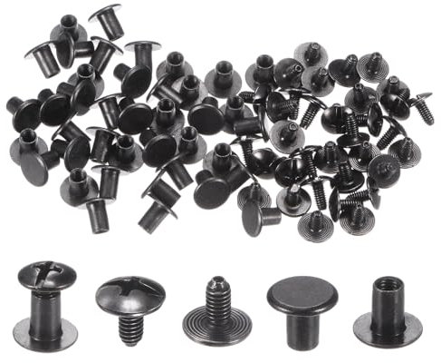 sourcing map Set di 100 viti rotonde a testa piatta da 5/16 pollici, in metallo, rivetti per fai da te, artigianato in pelle, rilegatura, colore nero