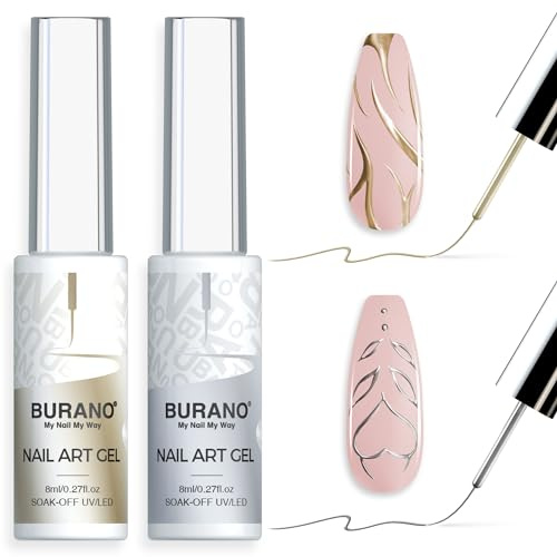 BURANO Silver Gold Metallic Gel Nail Polish Liner, 3D Painted Mirror Chrome Nail Art Design Polish, 2 Bottles 8ml, Curing Required LX33 LX32