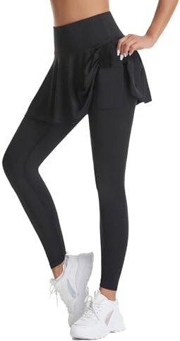 Legging pour Femme avec Jupe de Tennis - Pantalon de Sport Stretch Opaque - Jupe de Course, Golf, Randonnée - Pantalon de Yoga avec Poches
