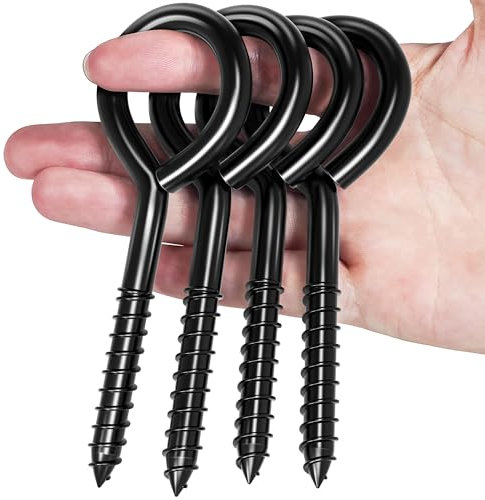 TLAZZ 4 Pack 5 Inch Eye Bolts Screw in Hooks, Heavy Duty Black Large Screw in Eye Hooks, Eye Hammock Stand Hooks Screw for Hanging, Tie-Downs, Heavy Indoor & Outdoor Uses