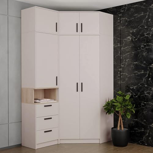 Design Möbel Eckkleiderschrank Set Gustavo 12 mit Schrankerweiterung 40 cm Eckschrank mit Regal Kleiderschrank Schlafzimmer Möbel Schrank Schlafzimmer Kinderzimmer CASCHMERE, Eiche Riviera