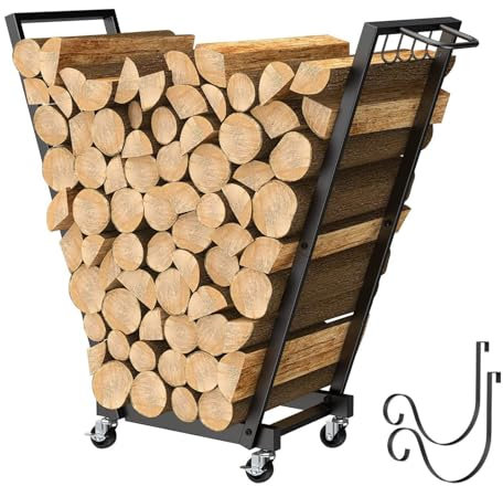GUHPZA Portalegna su Ruote, portalegna con Carrello Mobile, con 4 Ganci e Porta Legna Rimovibile, Supporto per impilare la Legna da ardere, per caminetti da Esterno e Interno